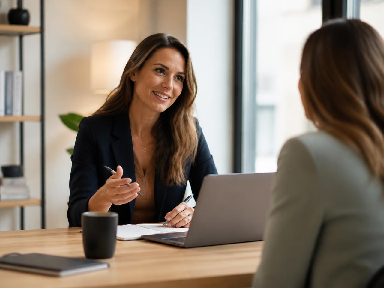Consultora da Orizon conversando com um cliente sobre estratégia digital