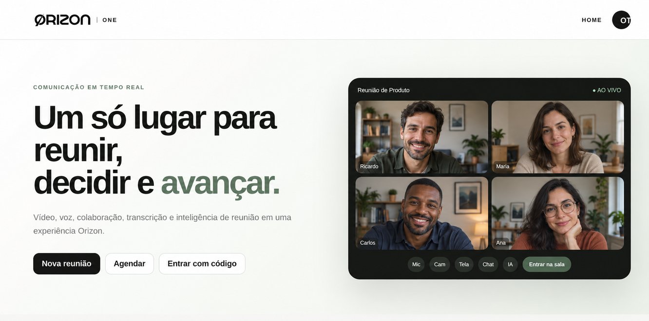 Prévia ilustrativa do Orizon One com quatro participantes fictícios de aparência fotográfica em uma chamada de vídeo.
